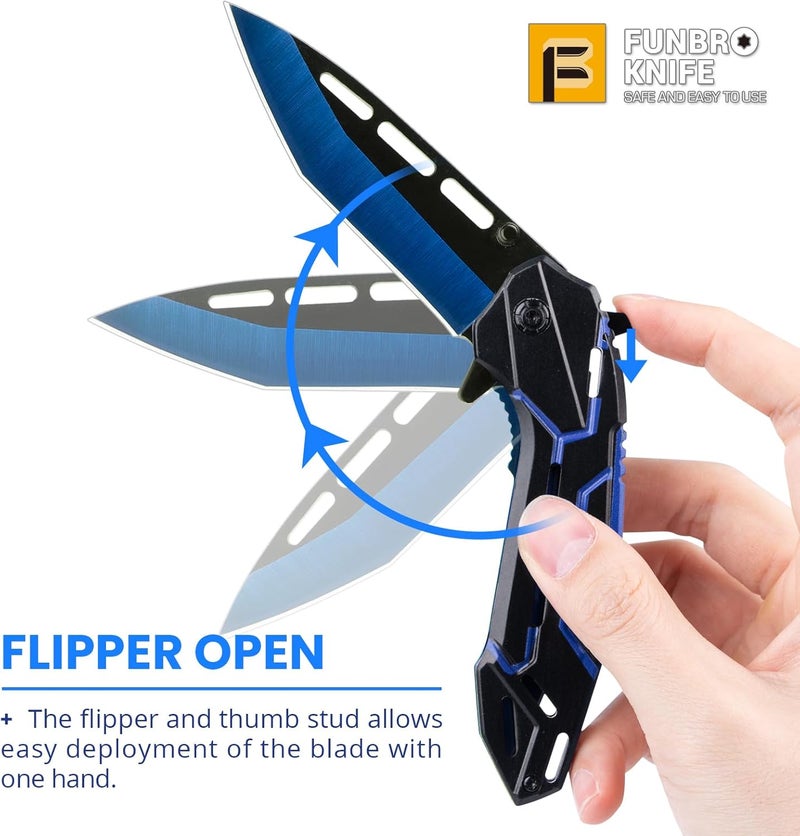 FUNBRO Cool Pocket Knife for Men, Camping Knife with 3.4” Stainless Steel Blade, EDC Folding Knives with Clip for Outdoor Hiking, Gifts for Dad Him Husband (Blue) - Image 3